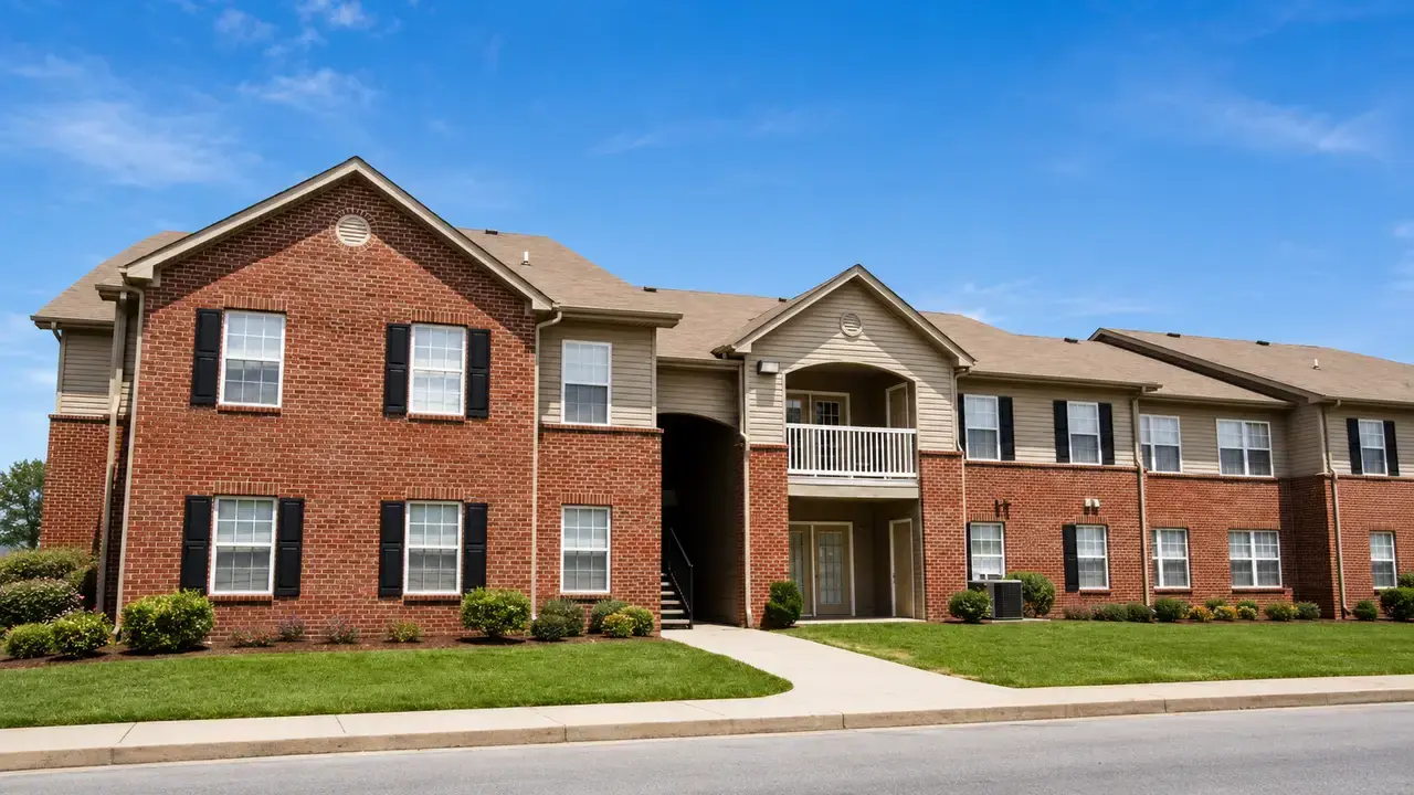 Brick apartment buildings with balconies at The Woods at Legacy