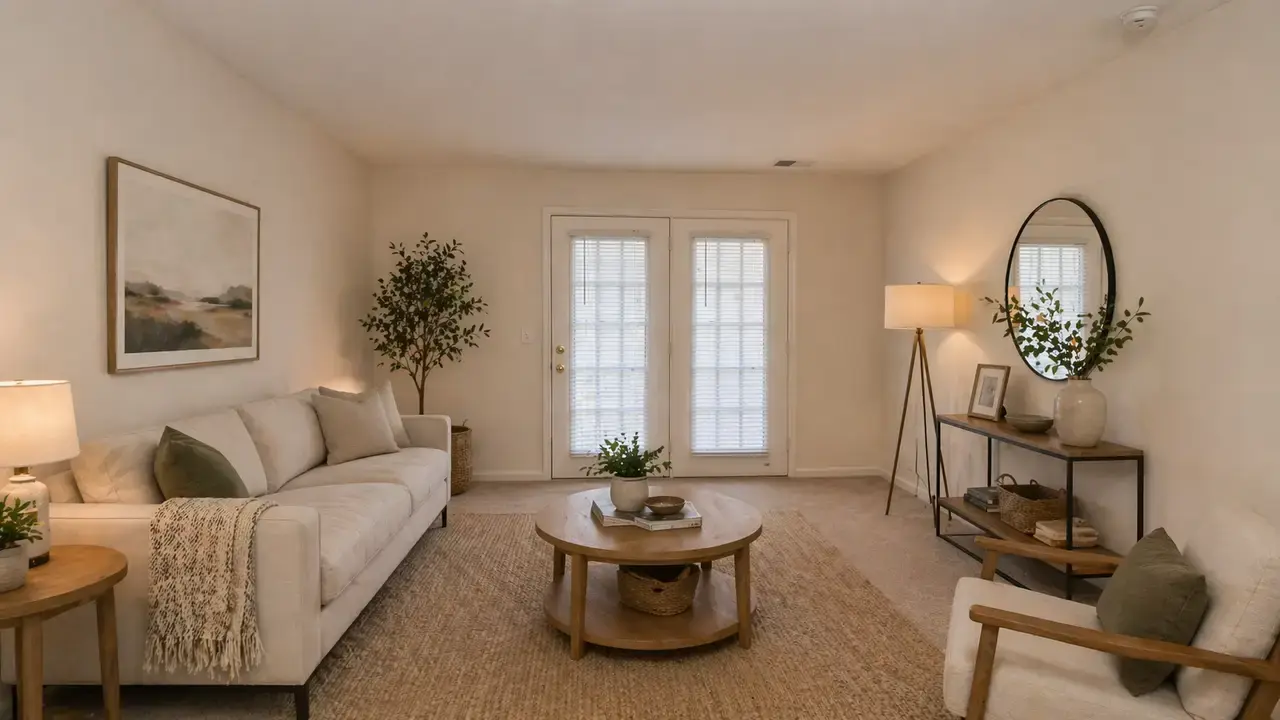 Two-bedroom living room with a sofa and French doors to the patio